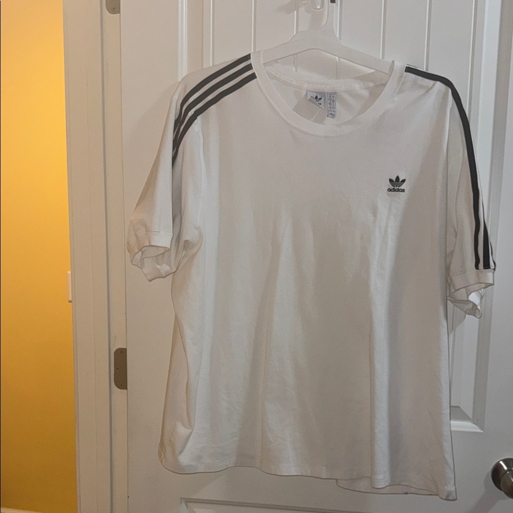 Adidas White Tee with Black Sleeve Stripes